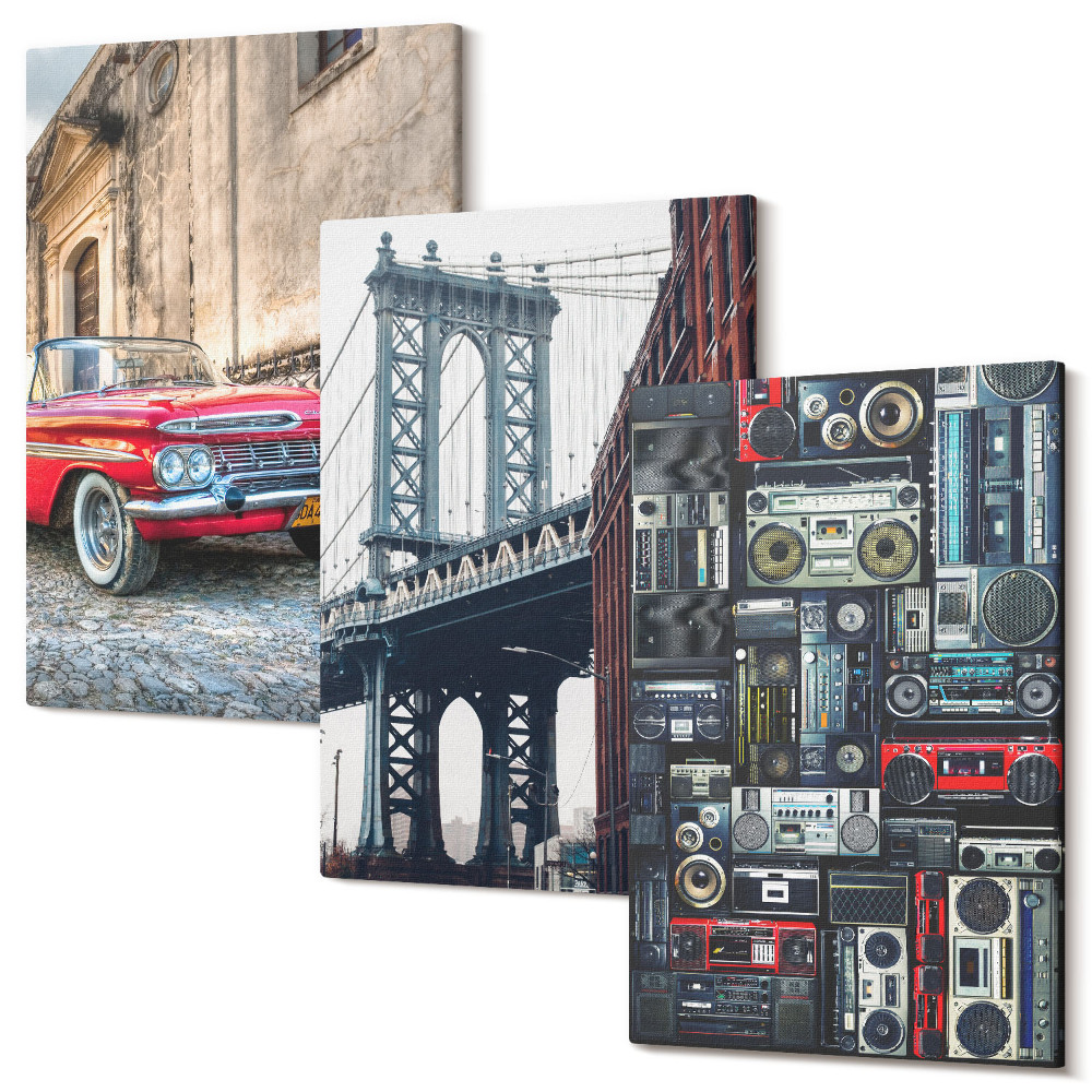 Falikép szett triptichon Egy régi autó az utcán a Brooklyn Bridge közelében és retro audioberendezés