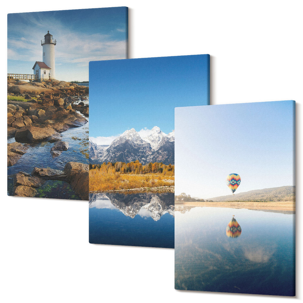 Kép szett triptichon Kilátás a természetre világítótoronnyal, hegyekkel, tóval és léggömbbel