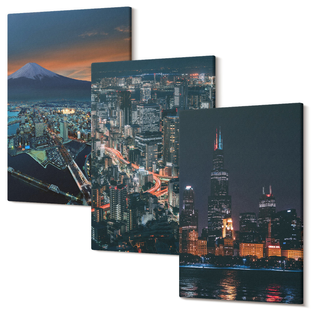 Falikép szett triptichon Hegyi kilátás a városra éjszaka felhőkarcolóval