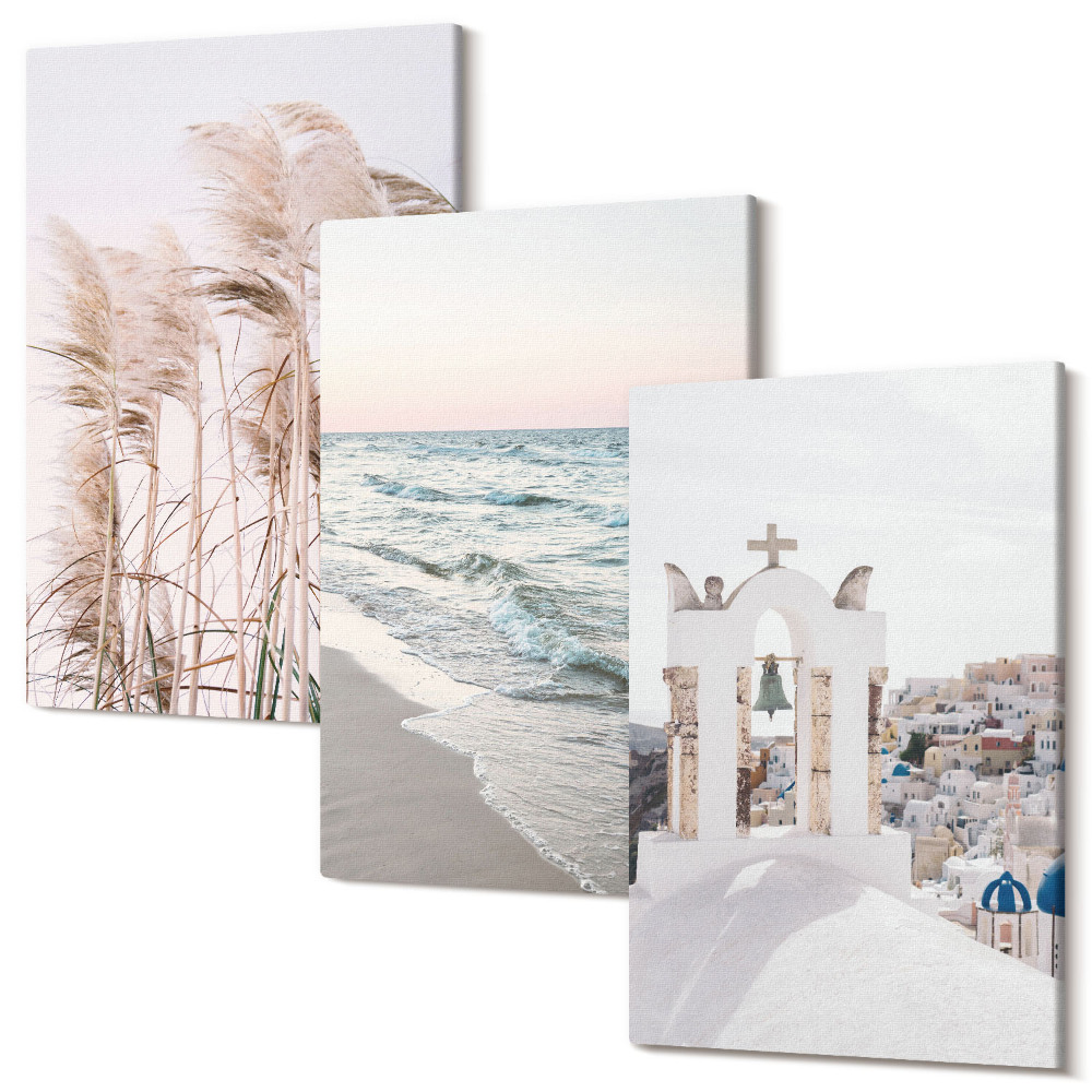 Háromrészes vászonkép szett Tengerparti növények, tenger hullámai, kilátás a fehér házakra