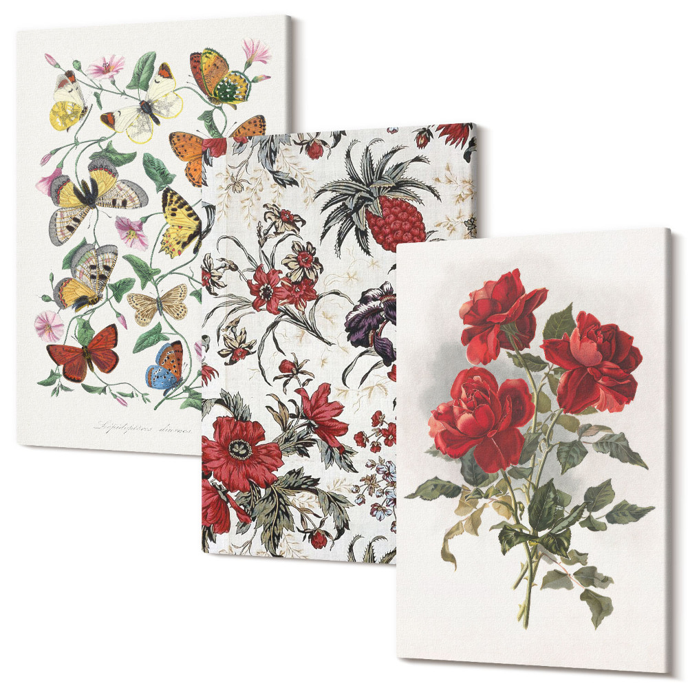 Falikép szett triptichon Pillangók, virágok és vörös rózsák klasszikus stílusban
