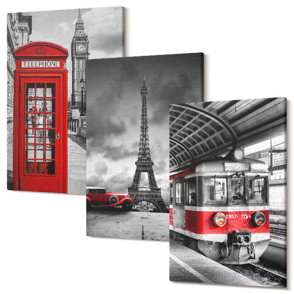 Kép szett triptichon Ikonikus városok London Párizs és a vasúti közlekedés
