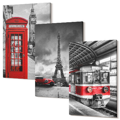 Kép szett triptichon Ikonikus városok London Párizs és a vasúti közlekedés