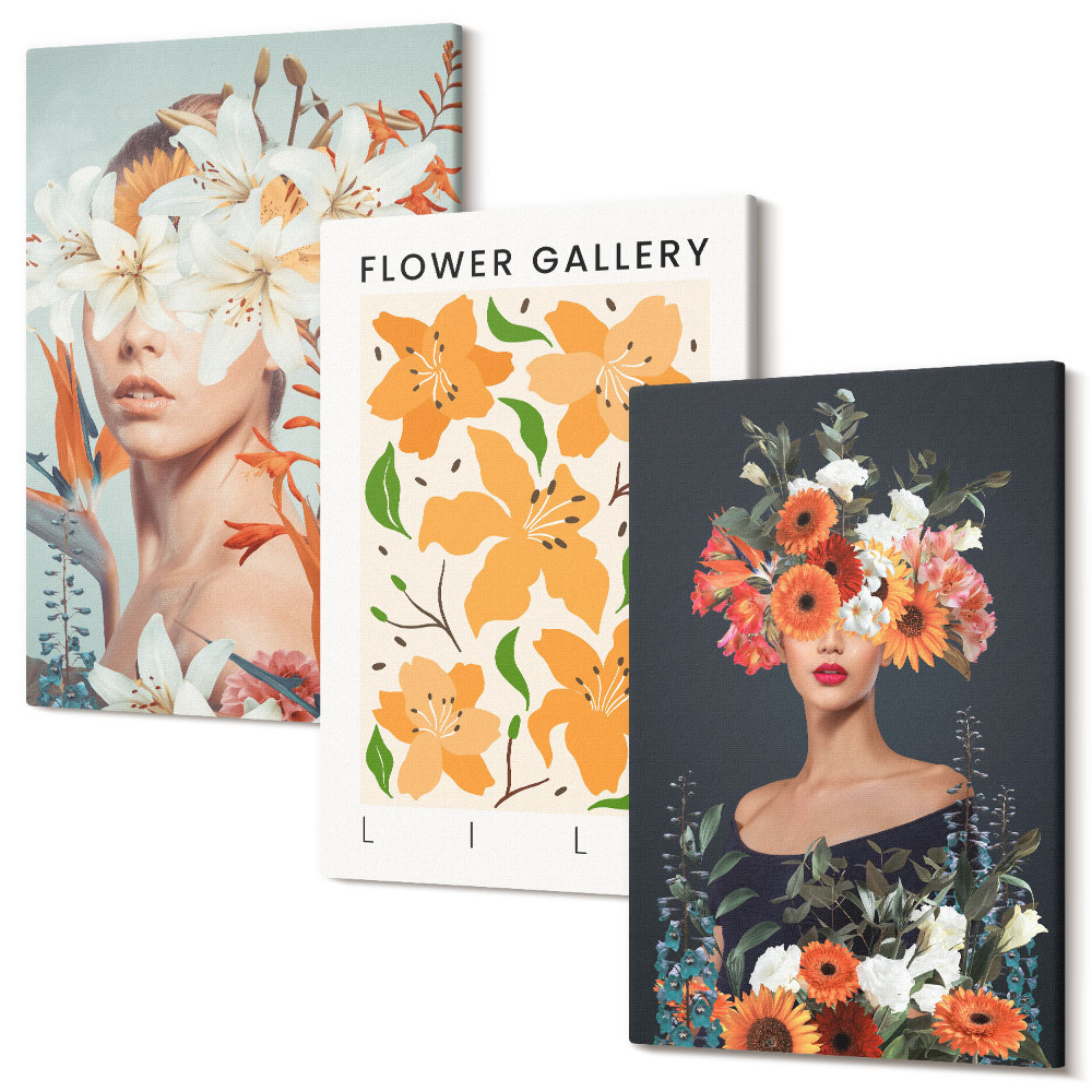 Falikép szett triptichon Virágos portrék színes csokrokkal és levelekkel