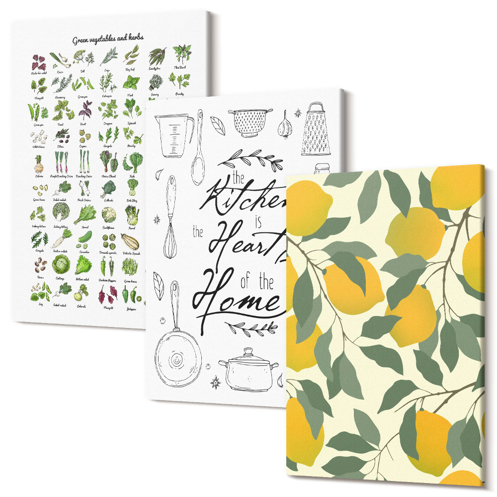 Kép szett triptichon Gyógynövények listája, konyhai jel és festett citrom