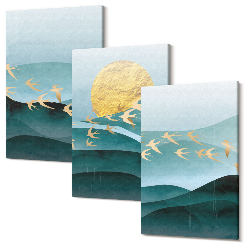 Kép szett triptichon Absztrakt tájak a nap hullámai és a repülő madarak