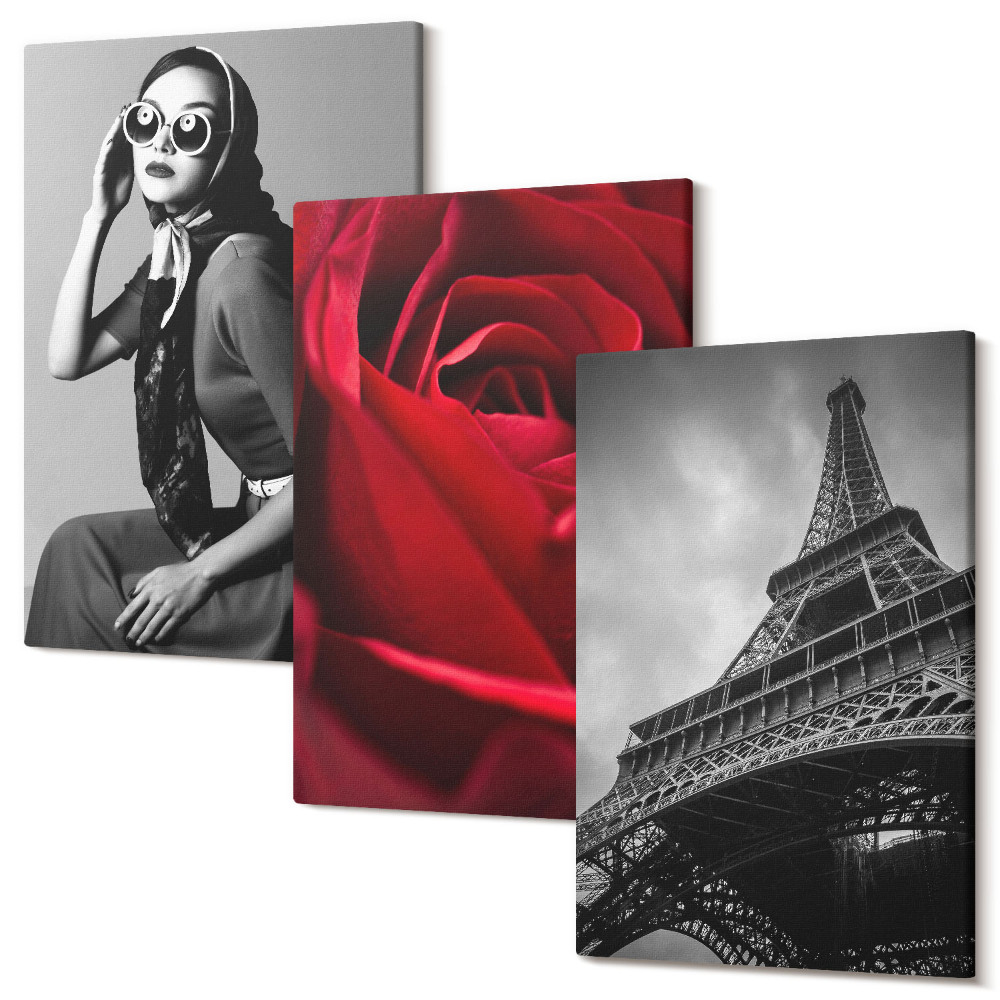 Kép szett triptichon Párizsi nő rózsaszemüveggel és az Eiffel-toronnyal