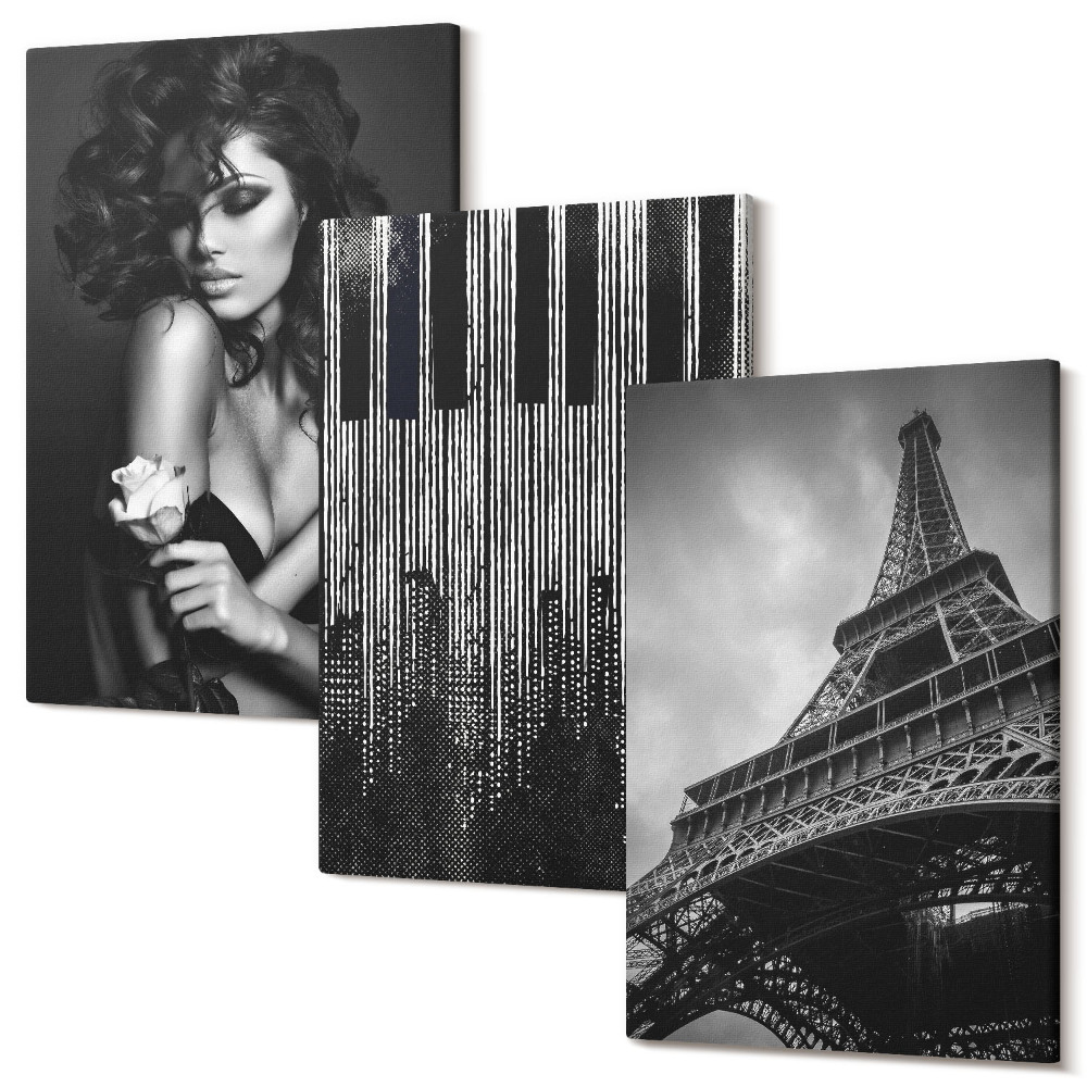 Háromrészes vászonkép szett Egy nő portréja rózsával, Eiffel-toronnyal és zongora mintával