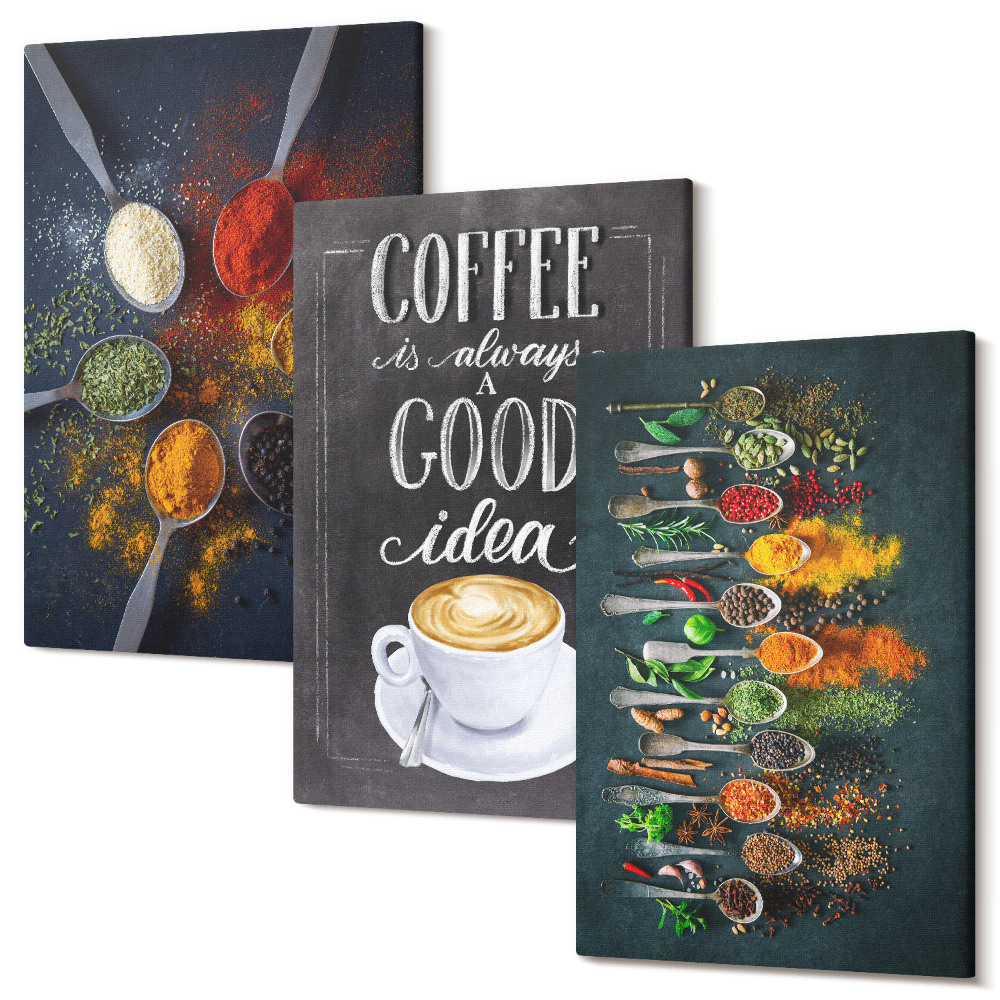 Háromrészes vászonkép szett Fűszerek kávé egy csésze konyhai gyógynövények minták