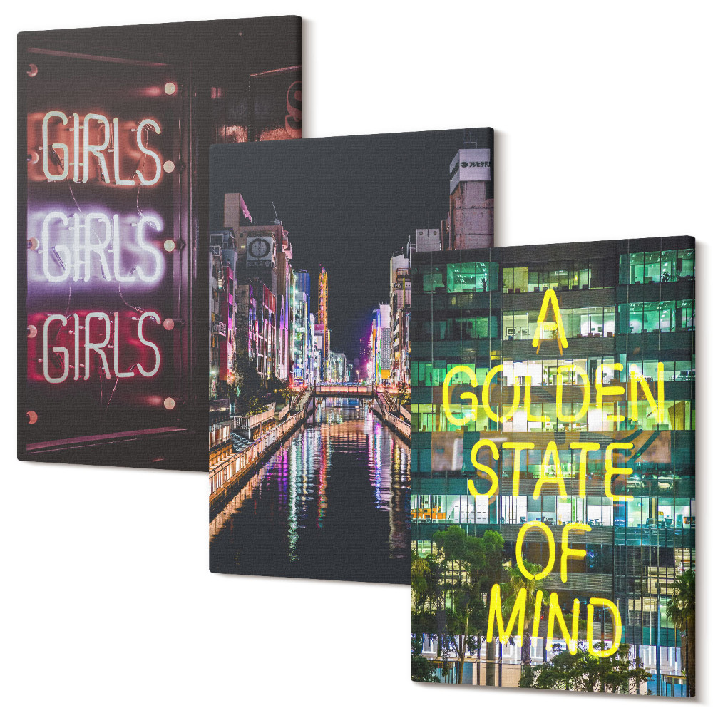 Falikép szett triptichon A város éjszakai fényreklámjai, kilátással a folyóra