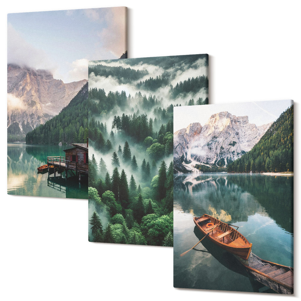 Kép szett triptichon Hegyi tájak tóval, csónakkal és erdővel a ködben