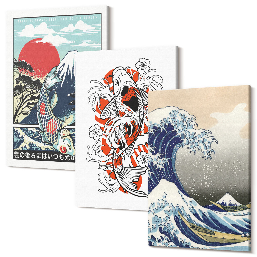 Háromrészes vászonkép szett Illusztrációk a halak hegyeiről és a nagy hullámról Kanagawánál, japán stílusban