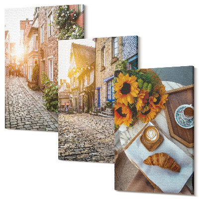 Kép szett triptichon Bájos utcák kávéval és napraforgóval