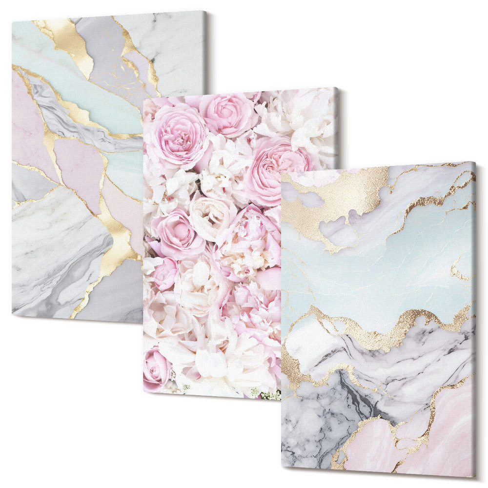 Háromrészes vászonkép szett Rózsaszín virágok márvány és pasztell mintákkal