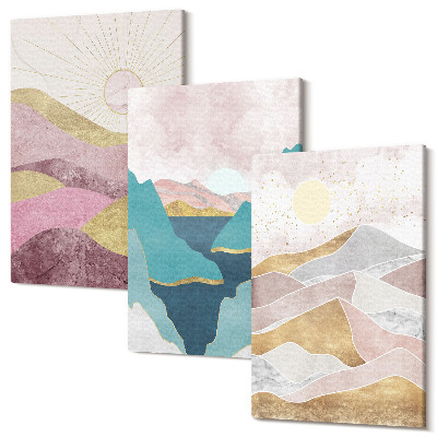 Falikép szett triptichon Absztrakt tájak hegyekkel és a nappal