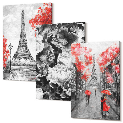 Falikép szett triptichon Az Eiffel-torony szürke festményei piros díszítéssel