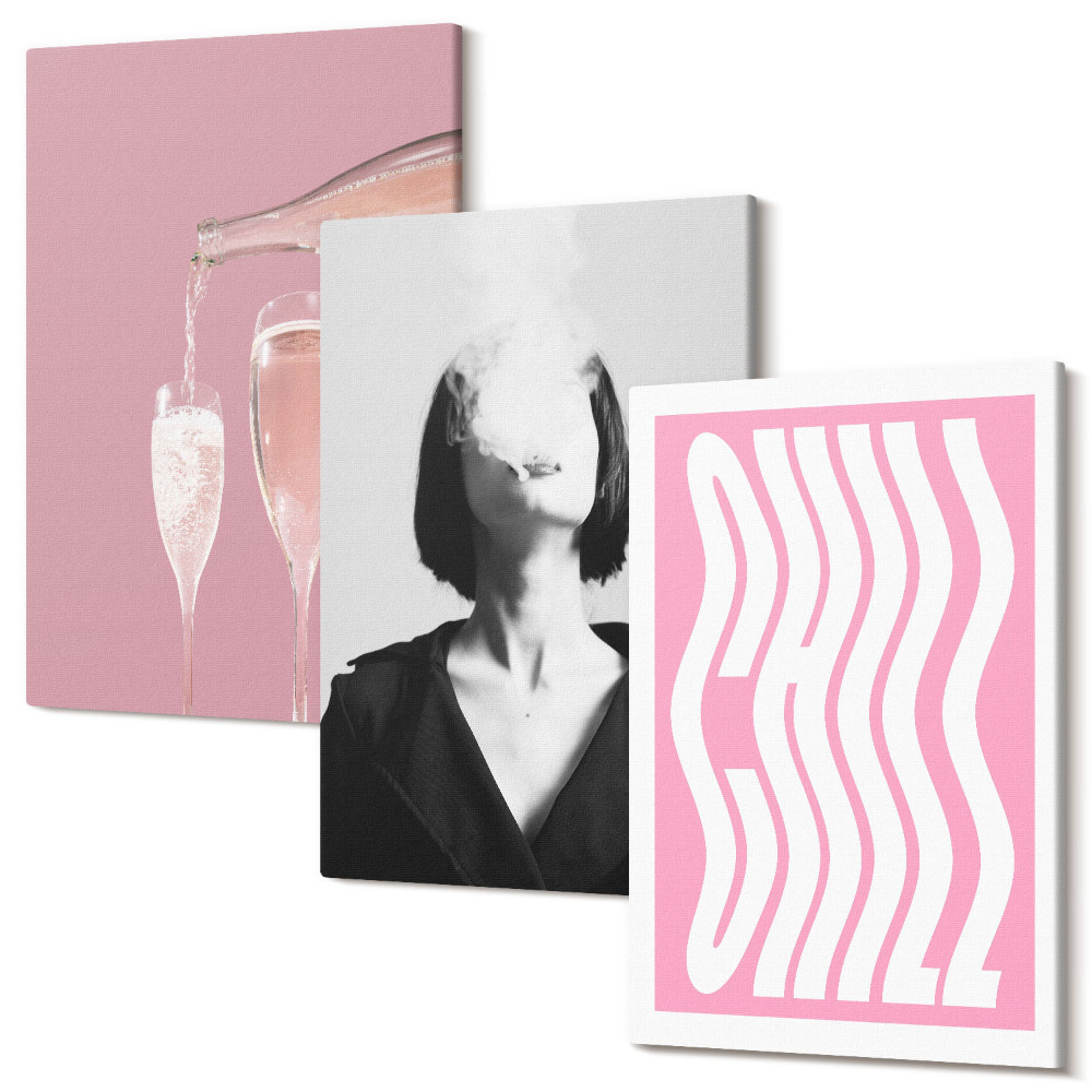 Falikép szett triptichon Elegáns portré egy nő pezsgőben pihentető
