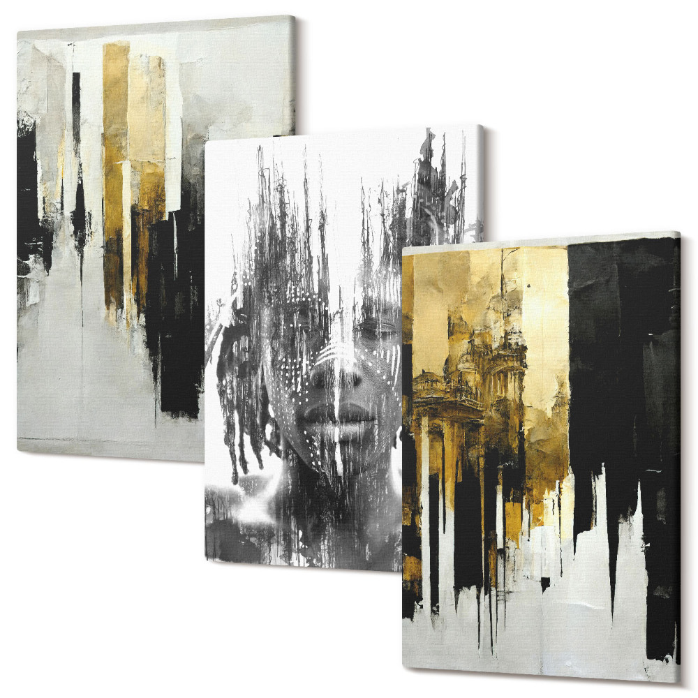 Háromrészes vászonkép szett Az absztrakciók kontrasztja a portréval és az építészettel