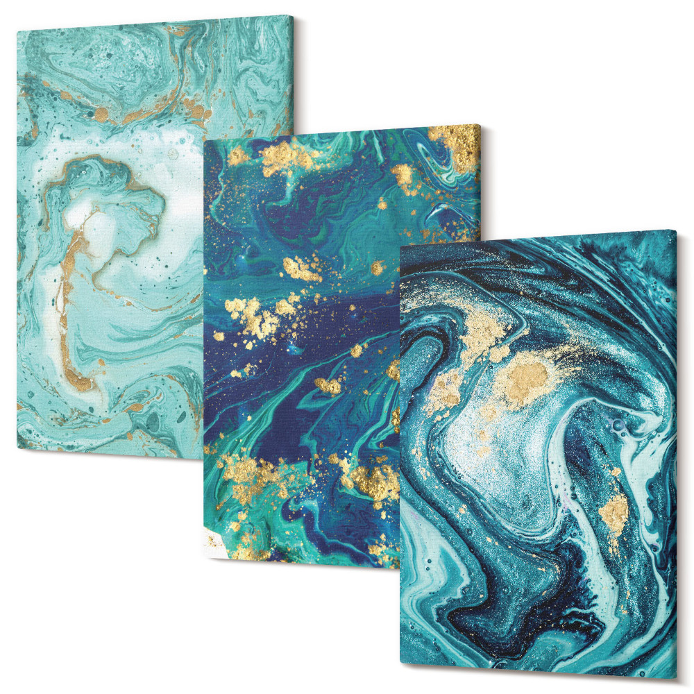 Háromrészes vászonkép szett A kiömlött festék türkiz absztrakciója