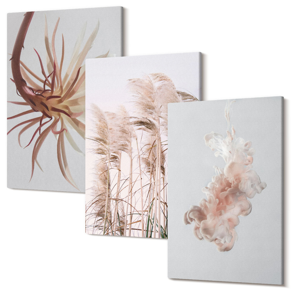 Kép szett triptichon Virágok és füvek világos alapon, harmonikus készletben