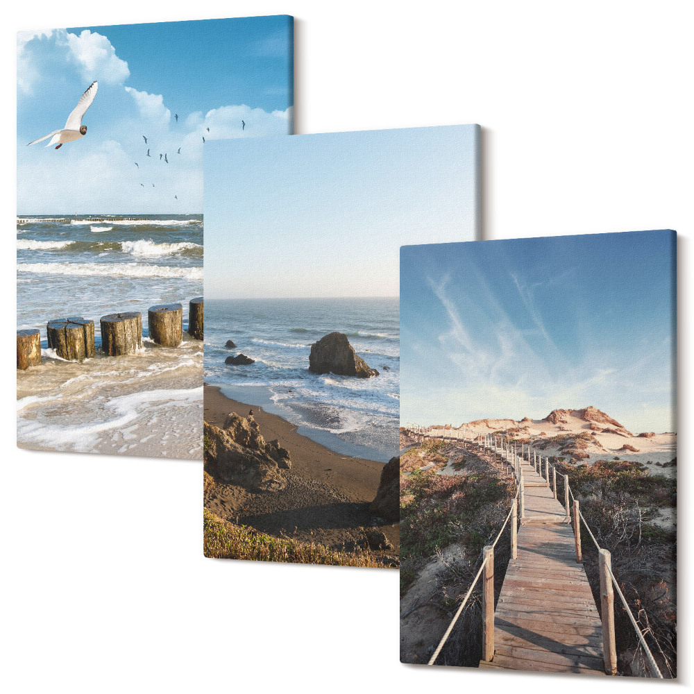 Falikép szett triptichon Kilátás a tengerpartra, hullámokkal, égbolttal és egy sétáló mólóval
