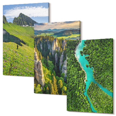 Háromrészes vászonkép szett Zöld hegyi tájak folyóval és sziklákkal