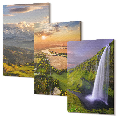 Kép szett triptichon Hegyi folyó és vízesés a természetben