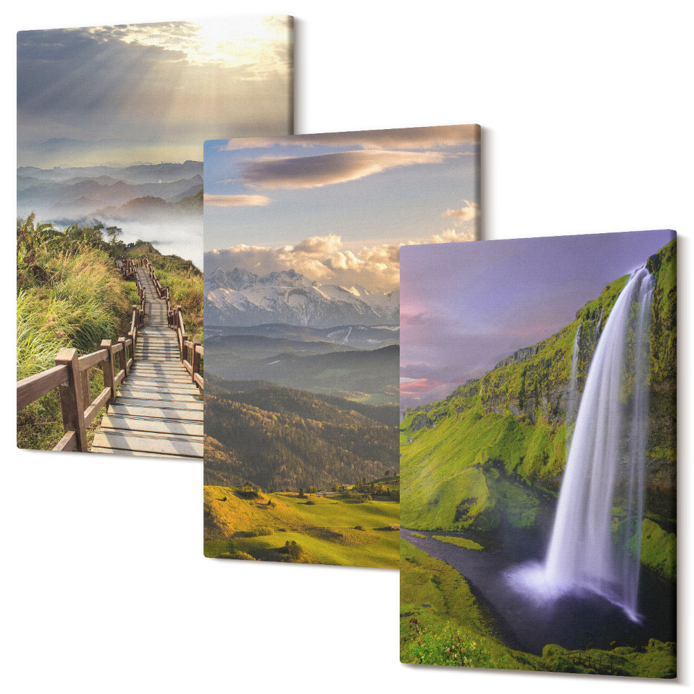 Falikép szett triptichon Festői hegyi tájak vízeséssel és ösvényekkel