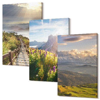 Kép szett triptichon Hegyi tájak, virágok, ég és út