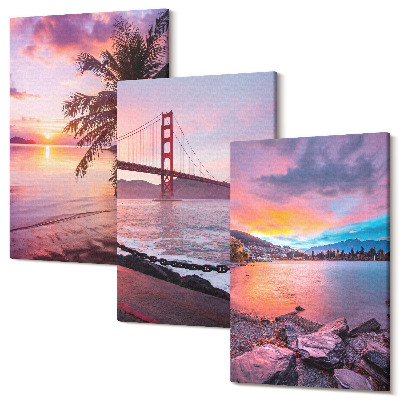 Falikép szett triptichon Naplemente a hídon és a vízi táj