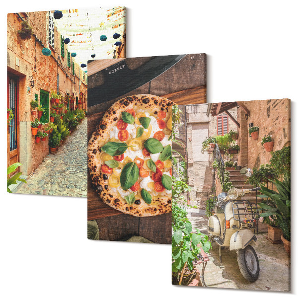 Falikép szett triptichon Bájos utcák növényekkel és olasz pizzával
