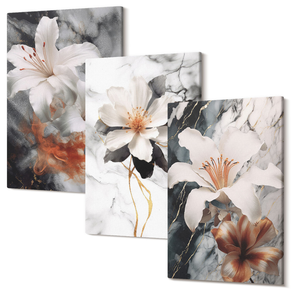Kép szett triptichon Virágok márvány alapon fehér és fekete árnyalatokban