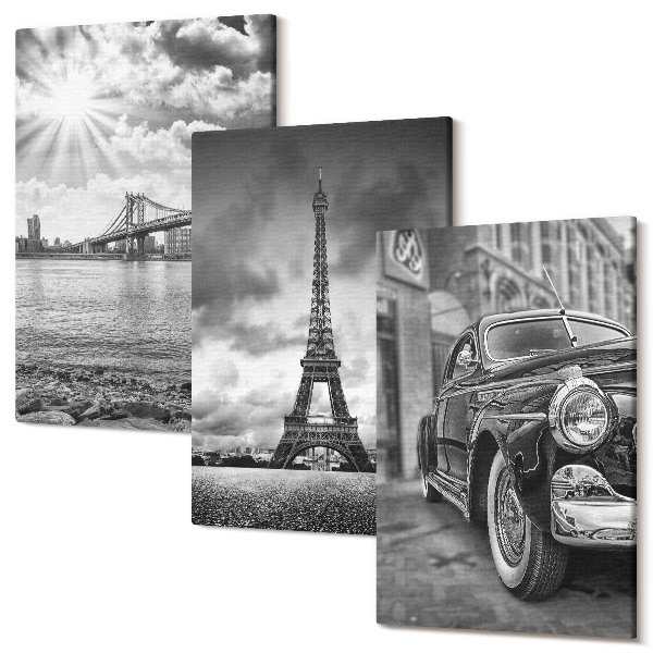 Falikép szett triptichon Kilátás a városra, hidak, Eiffel-torony, klasszikus autó