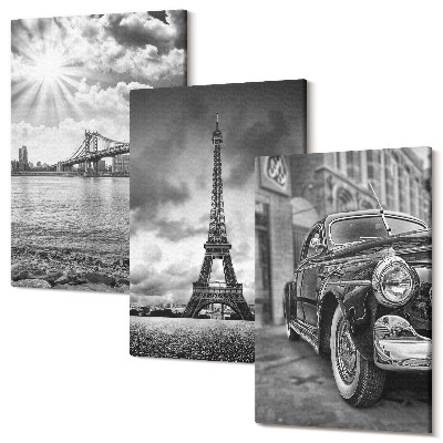 Falikép szett triptichon Kilátás a városra, hidak, Eiffel-torony, klasszikus autó