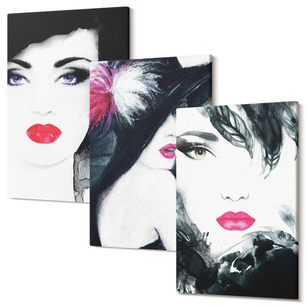 Háromrészes vászonkép szett Festett portrékat kifejező ajkakkal rendelkező nőkről