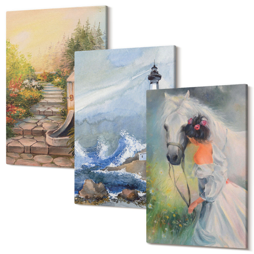 Háromrészes vászonkép szett Természeti tájak világítótorony és a lány lóval