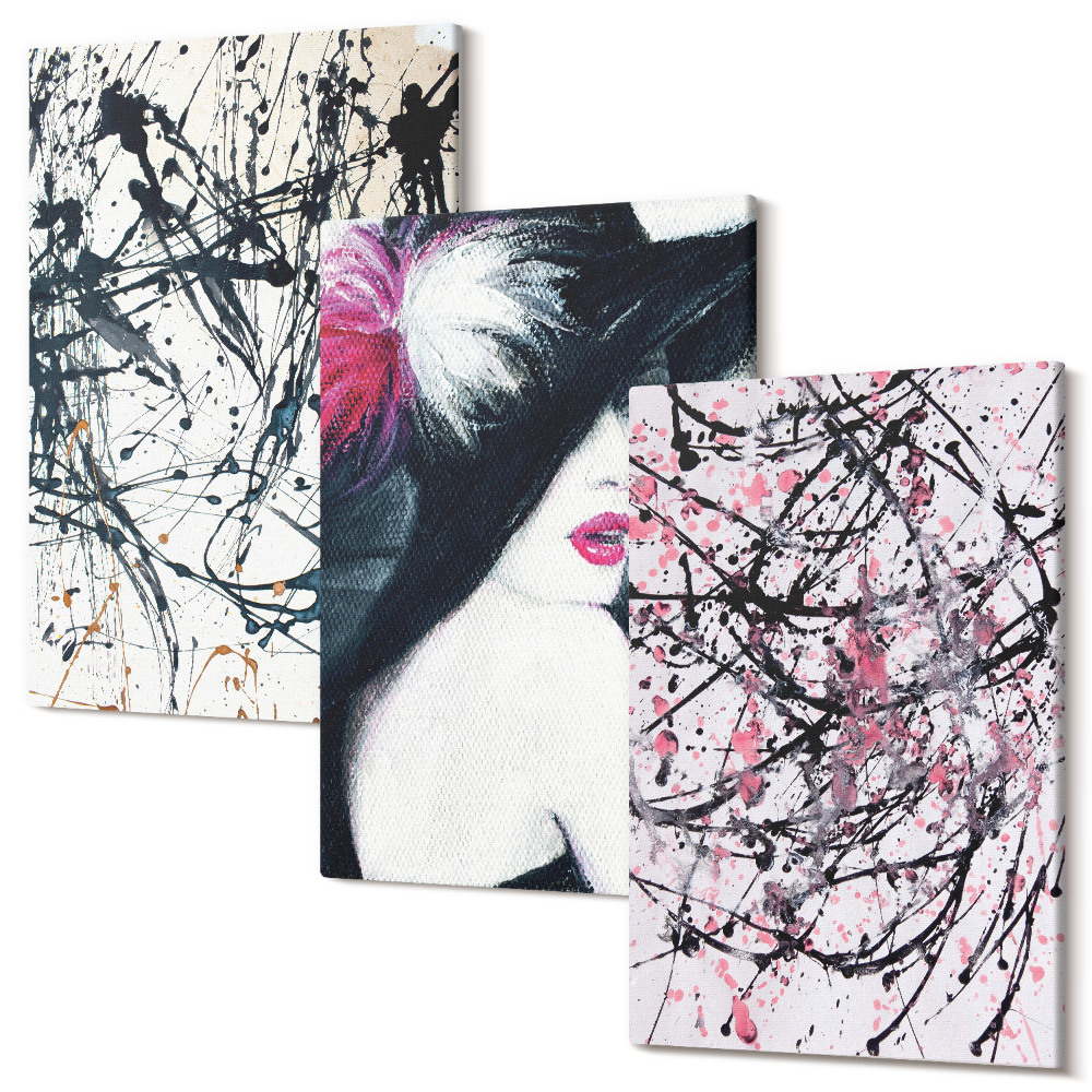 Kép szett triptichon Absztrakt festék minták nő kalapban