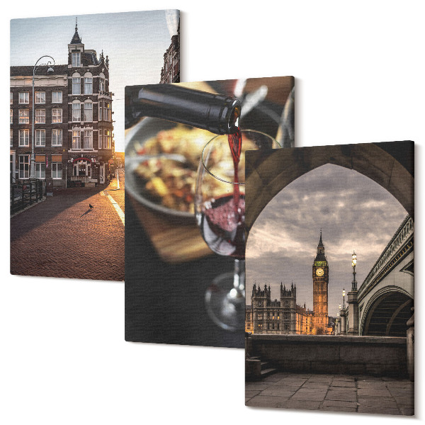 Kép szett triptichon Egy sor kép egy városról, ételekről és London kilátásáról