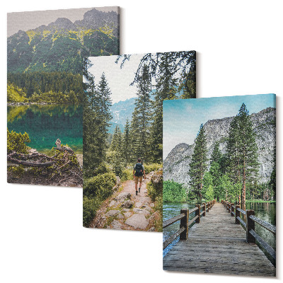 Kép szett triptichon Hegyek, tavak, erdők és utak a természetben