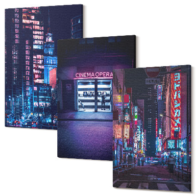 Kép szett triptichon Éjszakai város neonfényekkel és mozi bejárattal