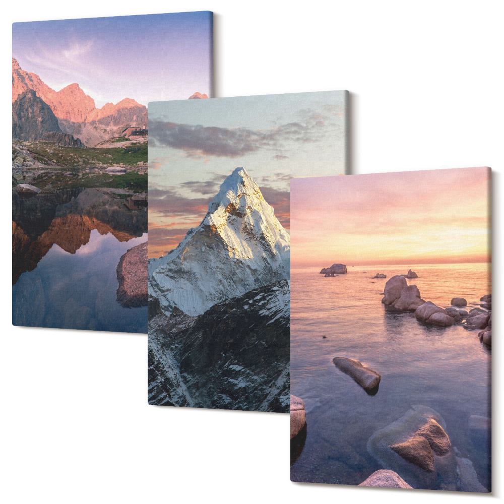Háromrészes vászonkép szett Hegyi tájak vízzel és sziklákkal a háttérben