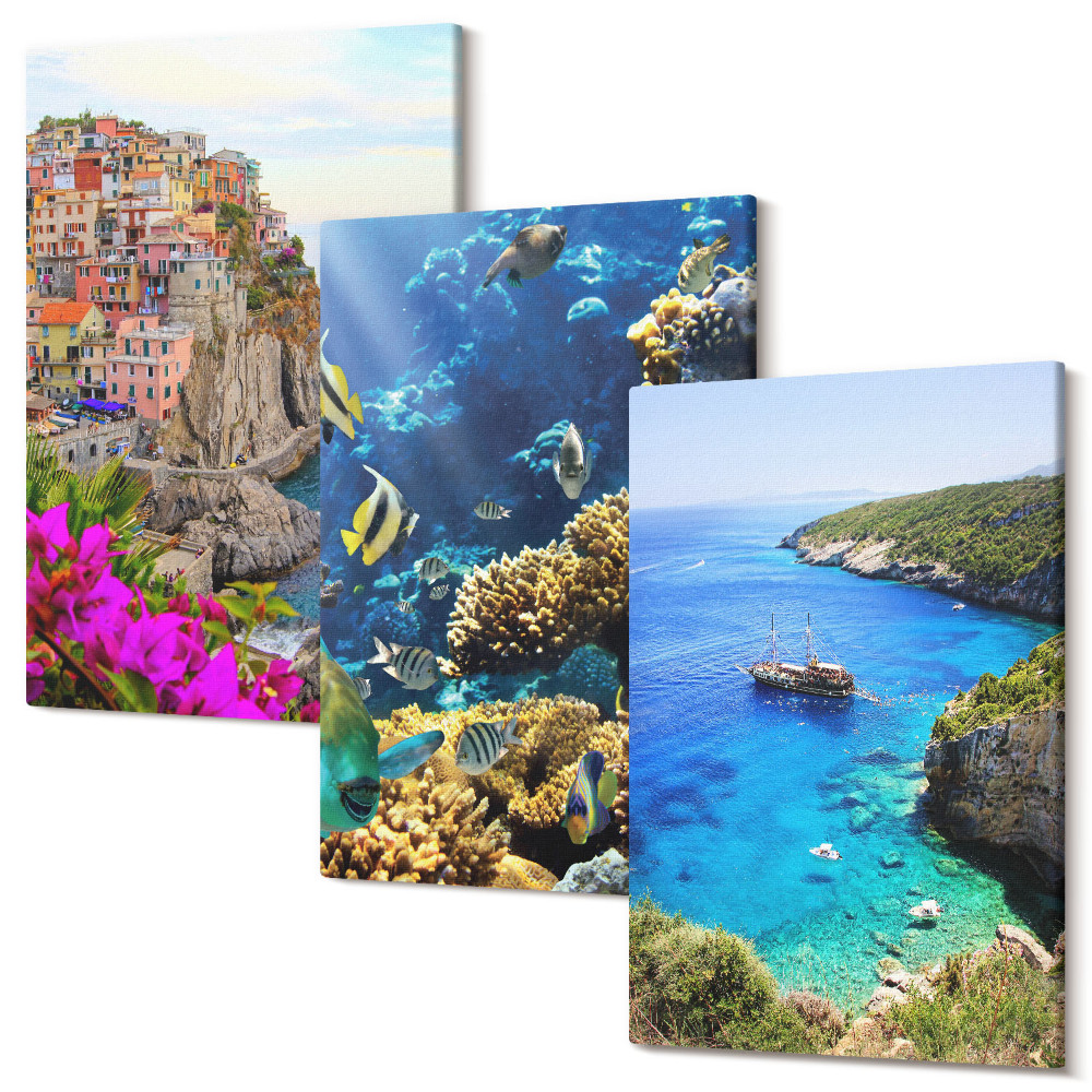 Falikép szett triptichon Tengerparti kilátás színes házakkal és korallzátonyokkal