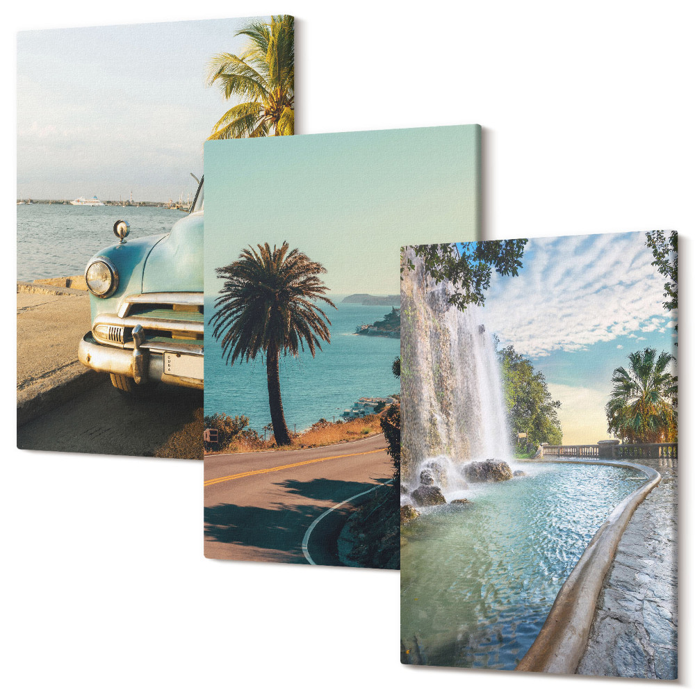 Háromrészes vászonkép szett Nyaralási tájak pálmafákkal és vízeséssel
