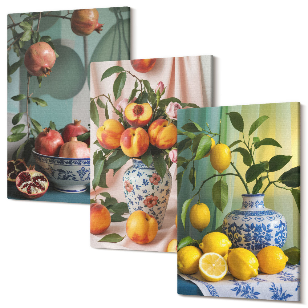 Kép szett triptichon Gránátalma, őszibarack és citrom vázákban