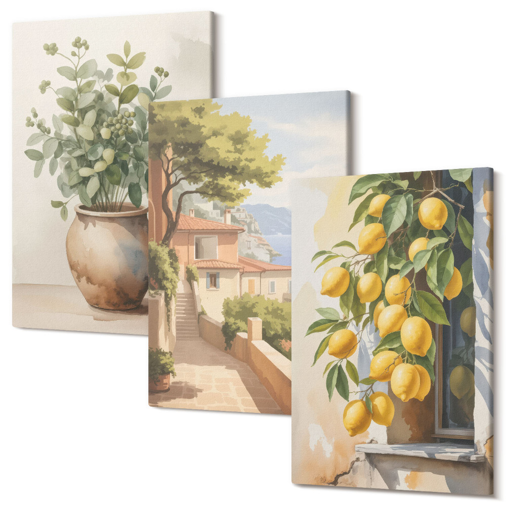 Kép szett triptichon Virágok egy vázában, kilátással a tengerre és a citromra