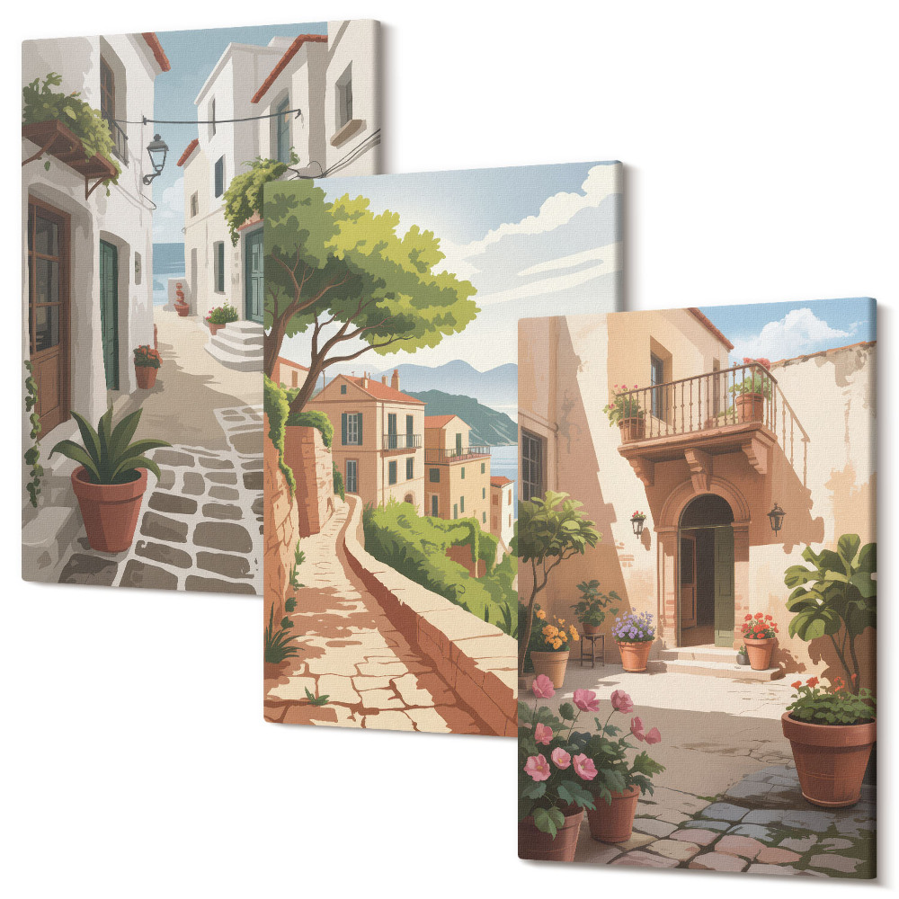 Kép szett triptichon Festői utcák házakkal és cserepes növényekkel