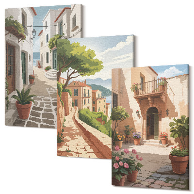 Kép szett triptichon Festői utcák házakkal és cserepes növényekkel