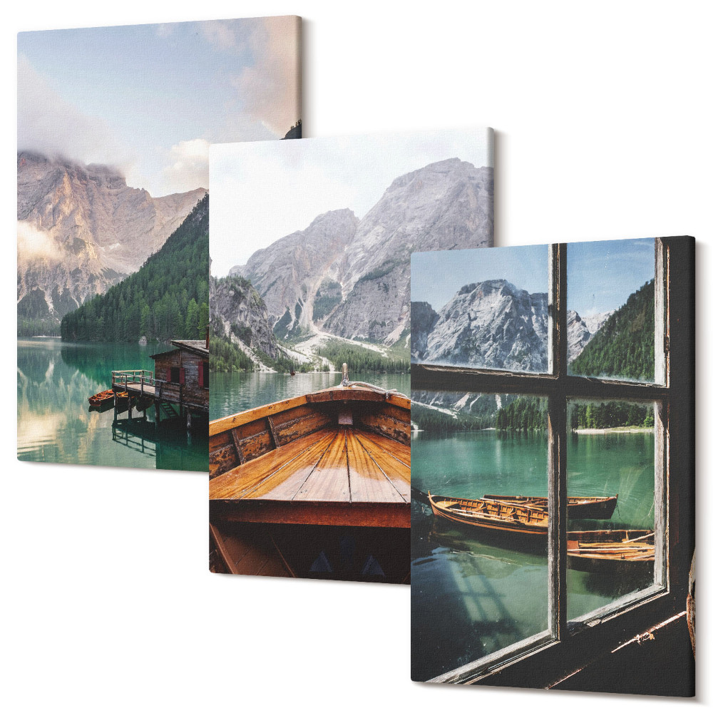 Háromrészes vászonkép szett Hegyi tó csónakkal és faházakkal
