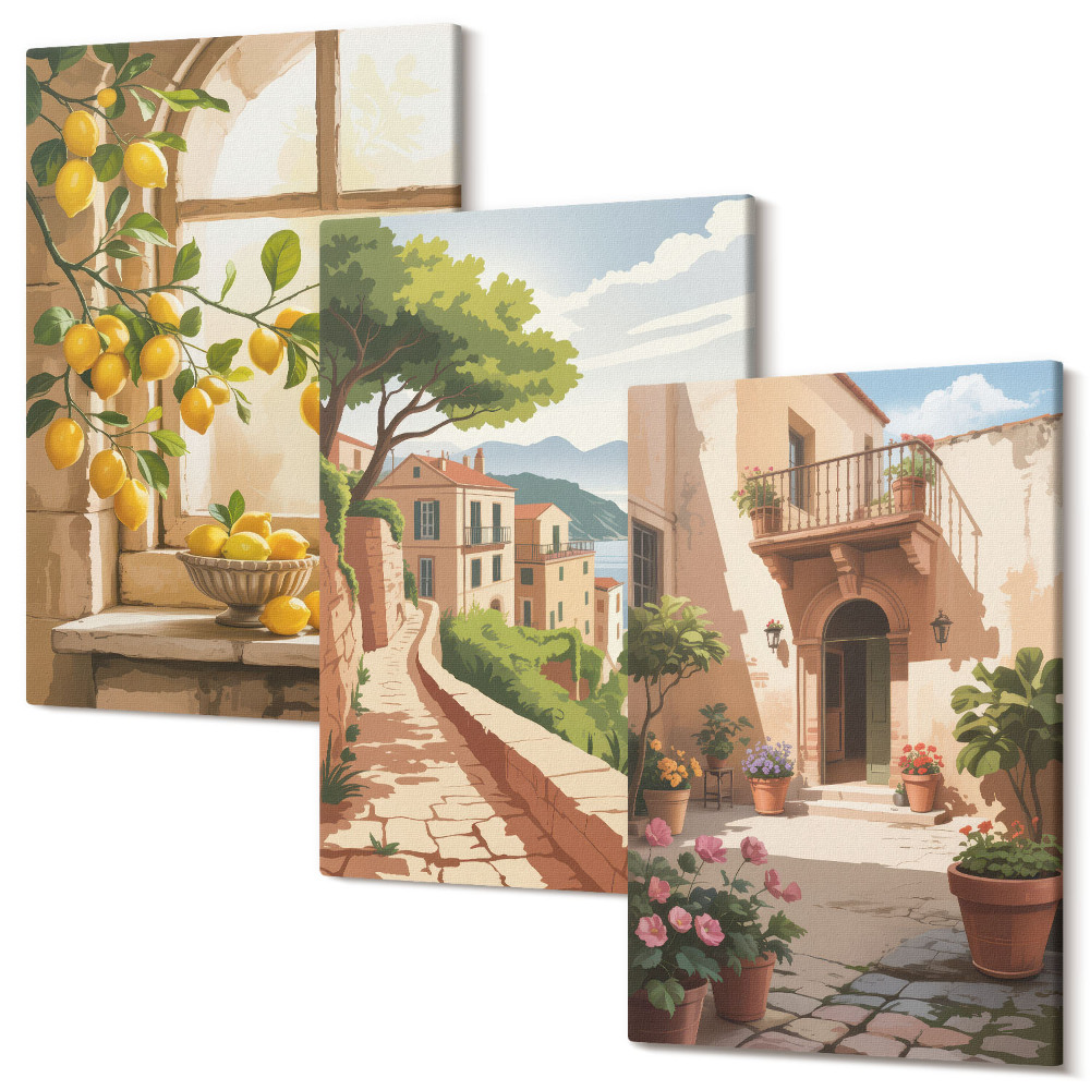 Falikép szett triptichon Citrusfélék a konyhában, kilátással a tengerre és a bájos városra