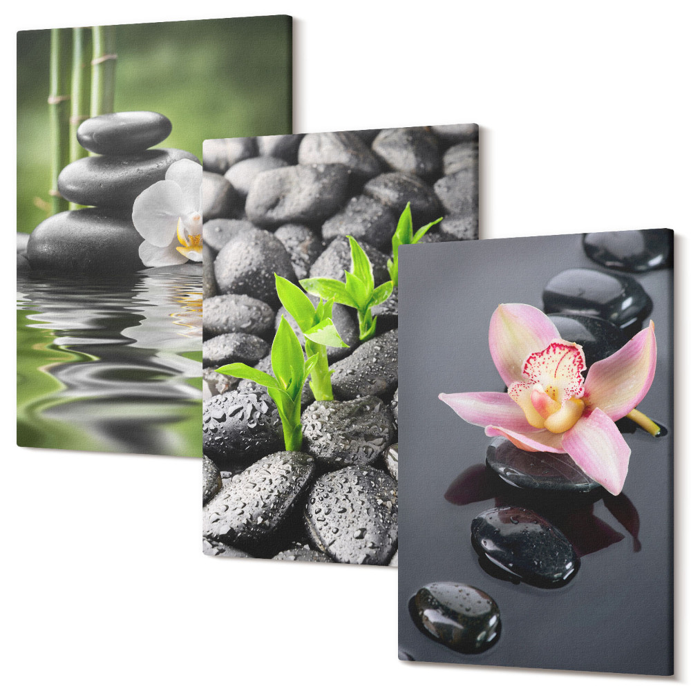 Kép szett triptichon Békés zen kompozíció kövekből és virágokból a vízen